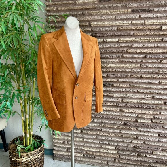 Men's Vintage 80s Rust Brown Ultrasuede 2 Button Blazer Sports Coat 38 -40 R - Picture 2 of 9